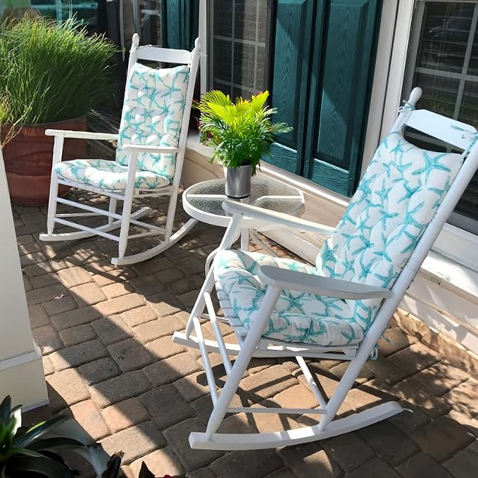 Sea Shore Starfish Aqua Porch Rocker Cushions - Size X-Large - Indoor-Outdoor: Fade Resistant & Weatherproof - Latex Foam Filled Rocking Chair Seat Cushion & Backrest Pad Set (Teal-XL)