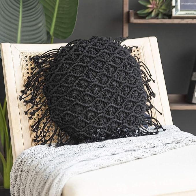 Phantoscope 100% Cotton Handmade Crochet Woven Boho Throw Pillow with Tassel Cute Farmhouse Pillow Insert Included Lumbar Small Decorative Cushion for Couch Sofa, Black,16 inches Round