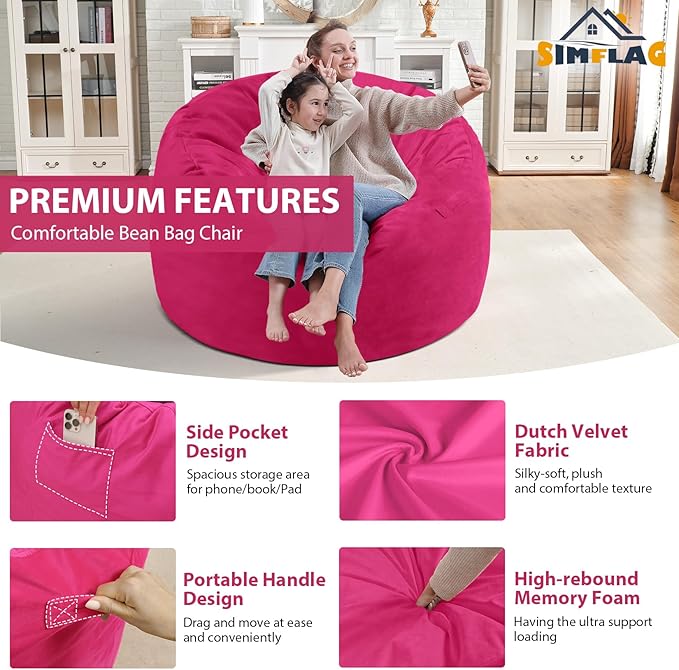 3FT Bean Bag Chair, Comfy Bean Bag Chairs with Memory Foam Filled, Fluffy Beanbag Sofa with Dutch Velvet Cover, Round BeanBag Chairs for Living Room, Playroom - Pink