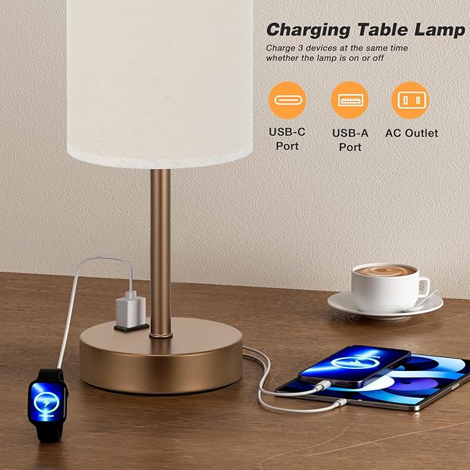 Touch Table Lamp - Beige, 3-Way Dimmable, USB A + C Charging, AC Outlet, 17.4inch Medium, Brown Metal Base