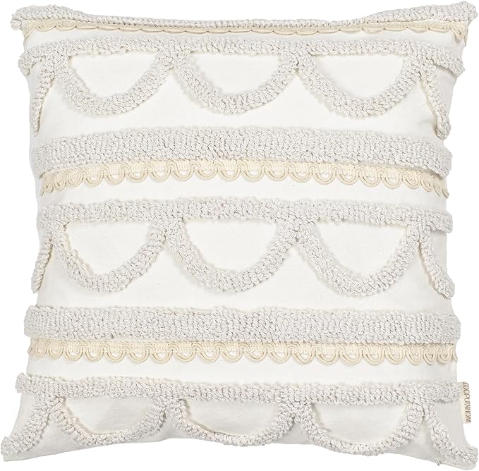 Boho Pillow Covers 18X18 Inch Boho Tufted Throw Pillow Covers Decorative Tassels Cushion Cover Farmhouse Pillow Case for Couch Sofa Bed Living Room Bedroom, Beige