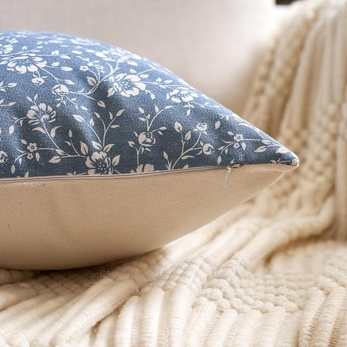 Alerfa Set of 2 Floral Lumbar Pillow Covers 12x20, Vintage Block Print Throw Pillow Covers Decorative Farmhouse Accent Couch Pillows for Living Room Bedroom, Blue