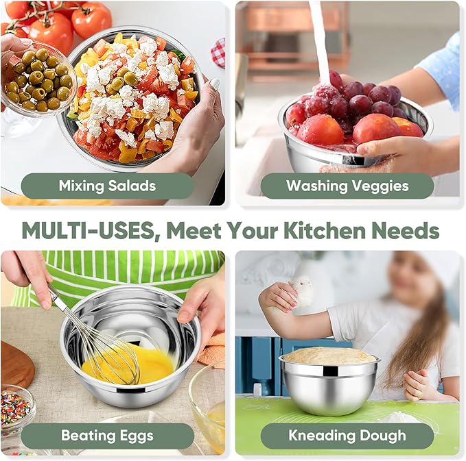 TeamFar Mixing Bowls with Lids, 5-Piece Stainless Steel Metal Nesting Salad Bowl for Mixing Prepping, Healthy & Heavy Duty, Airtight Lids & Dishwasher Safe, 4.5/3/1.5/1/0.7 QT-Khaki