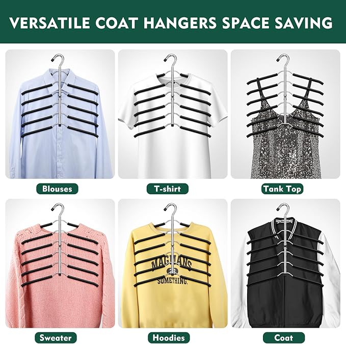 DOIOWN Clothes Hangers Space Saving: 6 Tier Coat Hanger Space Saving Hangers Non Slip Foam Padded Hanger, 3 Pack Black Metal Sweater T Shirt Hangers for Men Women, Closet Organizers and Storage