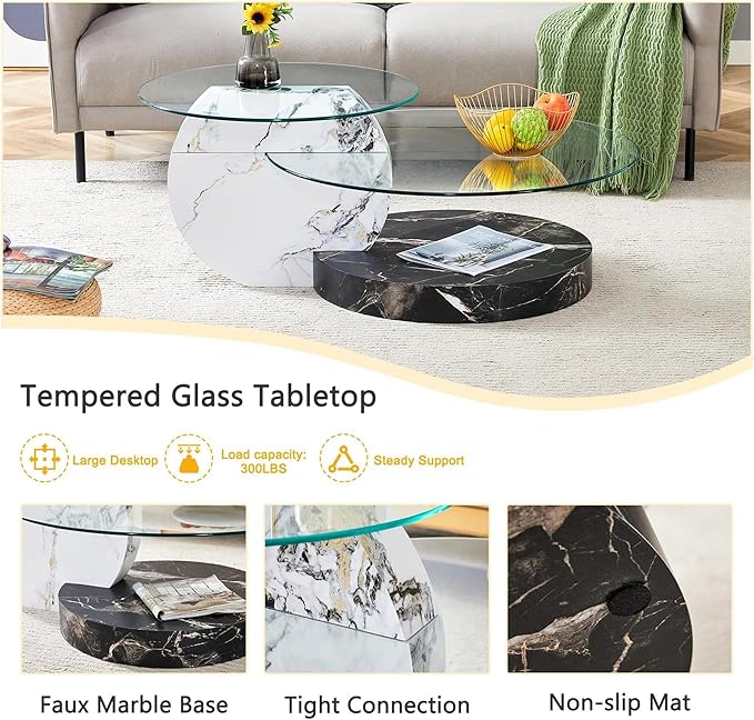 Glass Coffee Table, Modern Round Glass Coffee Table with Wooden Base, 3 Tier Round Coffee Table, Clear Cocktail Table with Storage for Living Room, Office, Balcony, White and Black