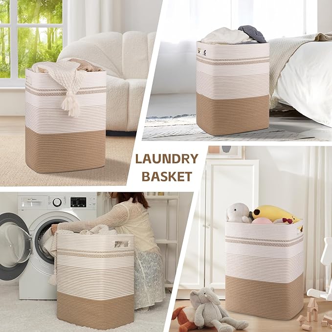Laundry Hamper, Large Woven Rope Tall Laundry Basket with Handles, 22" X 17" X 13", Decorative Storage Basket for Clothes and Blankets in Living room, Bedroom, Jute & White