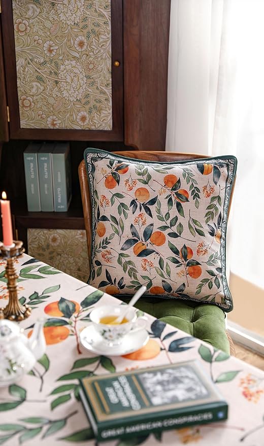 patdrea Designer Throw Pillow Covers Set of 2,Square Green Vintage Rustic Linen with Oranges Harvest Pattern Pillow Cover,Decorative Pillowcases Cushion for Bed Living Room Outdoor Car,18"x18"