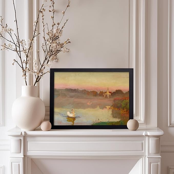 Poster Master Vintage Pond in Radziejowice Poster - Retro Swan Print - Lake Art - Landscape Art - Farmhouse Art - Animal Lover Art - Aesthetic Living Room or Office Decor, 11x14 Black Framed