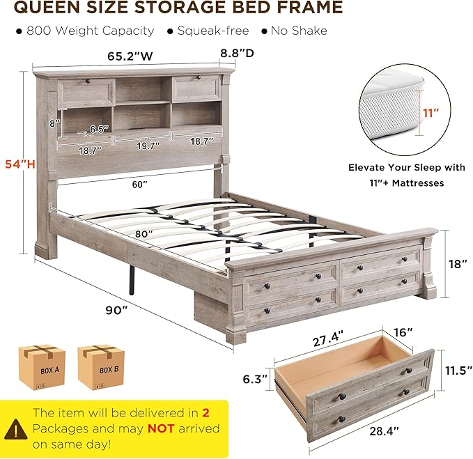Farmhouse Queen Size Bed Frame with 54" Tall Storage Bookcase Headboard, 18" Roman Column Decoration Footboard,2 Drawer & 4 Storage Rack,Wood Platform Bed Frame, No Box Spring Needed(Light Rustic Oak)