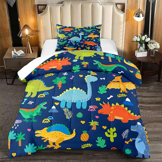 Cartoon Dinosaur Comforter Set for Kids Dark Blue Dinosaurs Twin Comforter Set for Boys Dinosaur Kids Bedding Set Soft Breathable Dinosaurs Quilt with 1 Pillowcase for All-Season, Twin Size