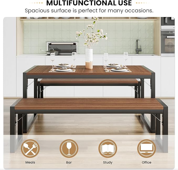 SHA CERLIN Kitchen Dining Table Set for 4 with Benches, Rustic Small Space Saving Dinette, Heavy Duty Metal Frame