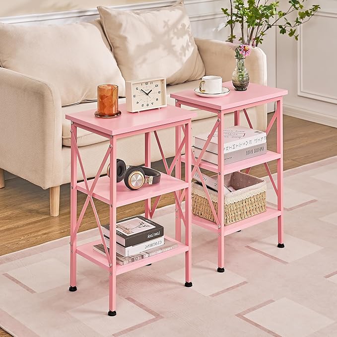 VECELO End Table, Bedside Table, 24" Tall Living Room End Tables, X-Design Reinforced Nightstands, Side Table with 3-Tier Storage Shelves for Small Spaces, Office, Bathroom, Bedroom, Pink