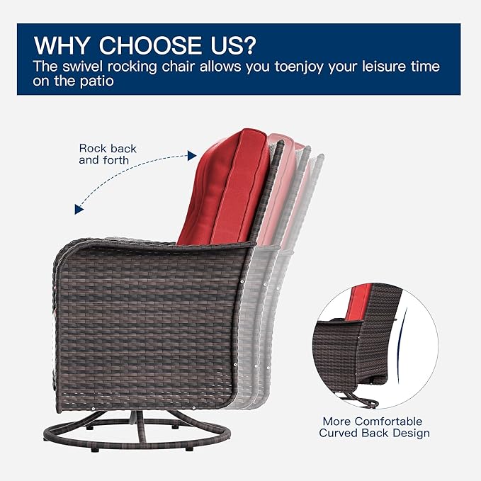 Kurapika 13 Pieces Patio Furniture Set, Rattan Wicker Outdoor Conversation Sets w/43in Propane Fire Pit Table, Swivel Rocking Chairs Patio Sectional Sofa w/4 Inch Cushion, Red