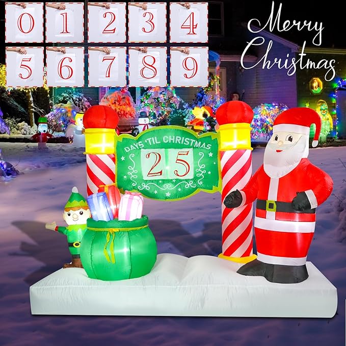 Bshine Christmas Inflatable Outdoor Decorations, 6.9FT Blow Up Santa Countdown Calendar with Interchangeable Dates,New Year's Light Up Holiday Party Decor for Lawn Yard Inflatable Sculptures