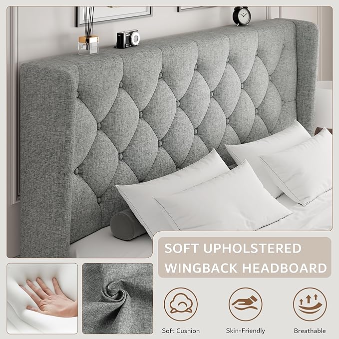 iPormis Queen Size Platform Bed Frame with Button Tufted Headboard, Upholstered Bed Frame with Solid Wooden Slats, 8" Underbed Space, No Box Spring Needed, Noise Free, Easy Assembly, Light Gray