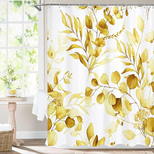 MitoVilla Yellow Floral Shower Curtain, Modern Plants Botanical Fabric Cloth Shower Curtains for Rustic Vintage Bathroom Decor, Fall Watercolor Eucalyptus Leaf, 72x72