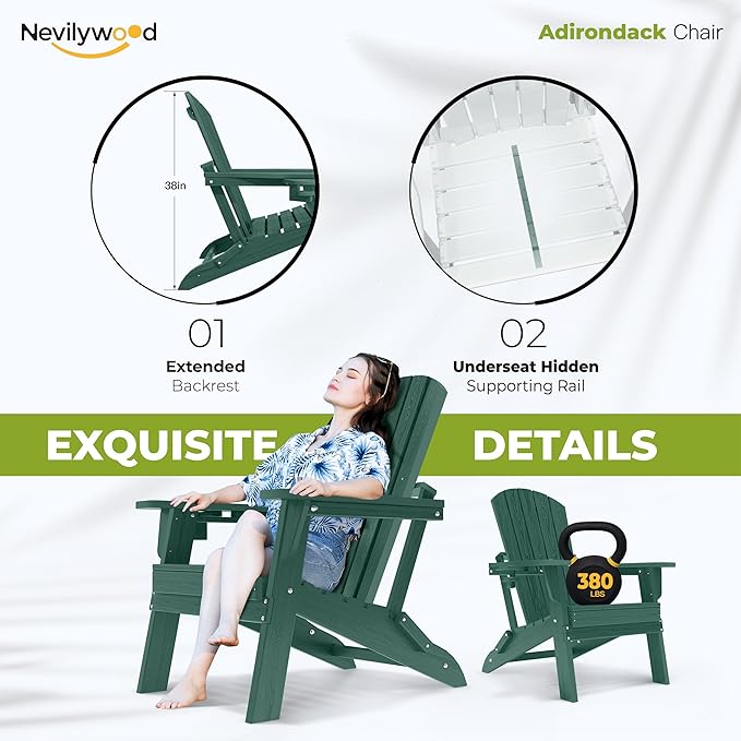 nevilywood Folding Adirondack Chair - Extended Ergonomic Backrest, Cup Holder - Easy Assembly - Durable HDPE Plastic, Weather Resistant & Maintenance-Free - Lawn, Patio, Deck Supports 380lbs Green