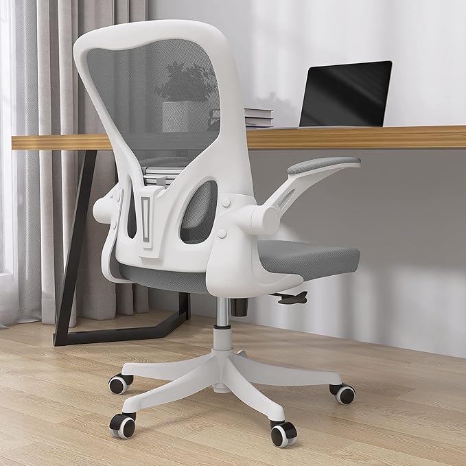 Monhey Office Chair Ergonomic Desk Chair with Lumbar Support&Headrest&Flip-up Arms Height Adjustable Rocking Swivel High Back Computer Chair Warm Taupe Mesh Study Chair (01White+Gray)