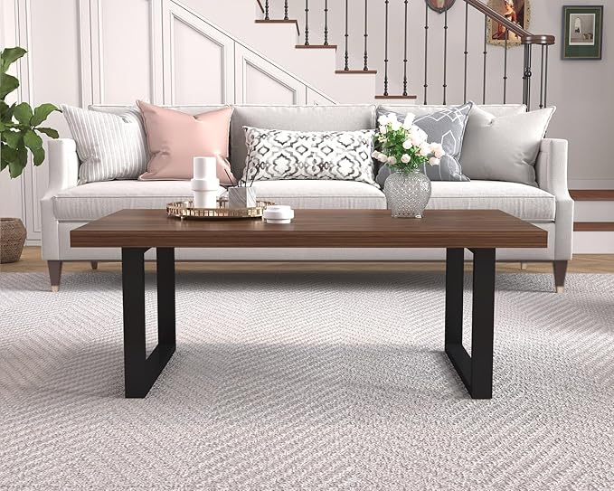 IBF Walnut Coffee Table, Minimalist Wooden Living Room Table, Modern Simple Rectangle Center Table, Vintage Rustic Wood and Metal Cocktail Tea Coffee Table for Home Bedroom Office, Walnut, 39 Inch