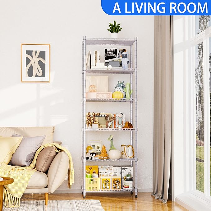 REGILLER 6 Wire Shelving Steel Storage Rack Adjustable Unit Shelves for Laundry Bathroom Kitchen Pantry Closet(Silver,11.7" D x 21.4" W x 63" H)