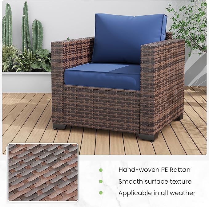 Amopatio Wicker Outdoor Sofa & Patio Couch Set - High Back Waterproof Patio Furniture Single Armrest Chair with Non-Slip Cushions, Outdoor Furniture Cover, Blue