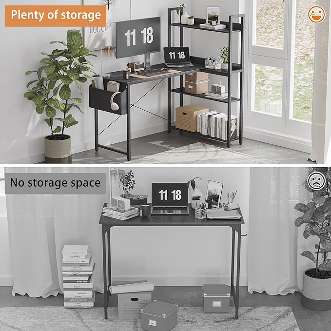 Treesland 55 Inch Computer Desk with Storage Shelves, L Shaped Desk with Storage, Corner Desk with Storage, Home Office Desks, Bookshelf Desk, Writing Study Desk for Bedroom, Black