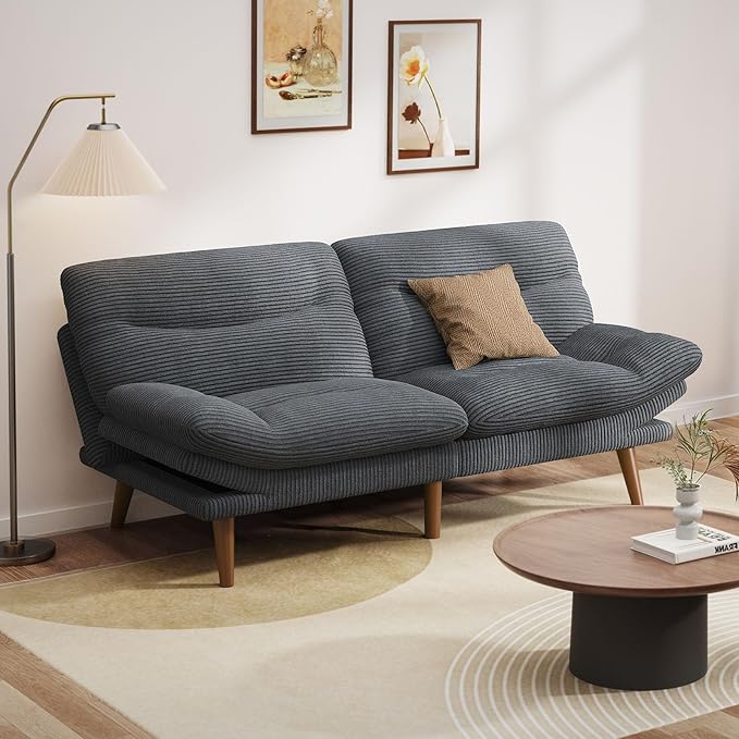 Pipishell Futon Sofa Bed, 73" Convertible Futon Couch, Adjustable Backrest & Armrests, Corduroy Recliner Sleeper Sofa for Small Spaces, Living Room, Office, Guest Room (Grey, 73 in)