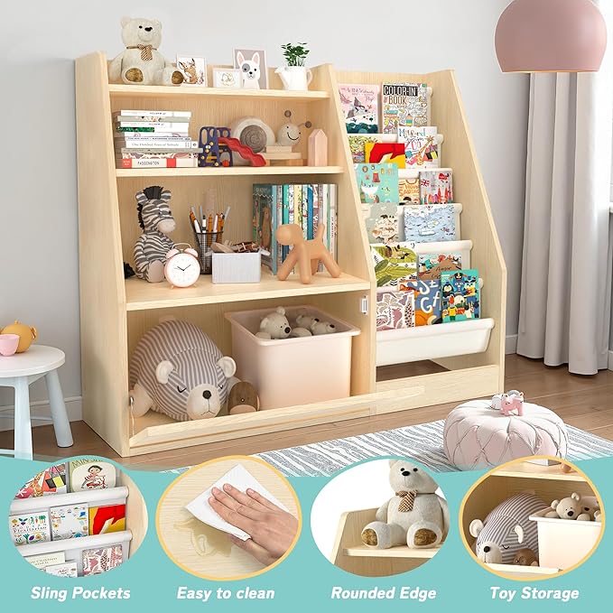 TOETOL 3 Tier Kids Bookshelf and Book Storage，6 Sling Toddler Bookshelf, Storage Boxes Book Shelf & Organizer for Nursery Playroom Classroom Library Bedroom Natural Wood