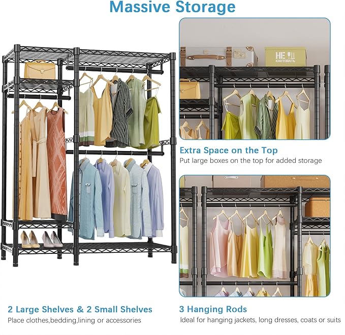VIPEK V2S Heavy Duty Clothes Rack, Portable Metal Clothing Racks with 4 Tiers Adjustable Wire Shelving & 3 Hanging Rods, Freestanding Wardrobe Portable Closet Rack, Max Load 800LBS, Black