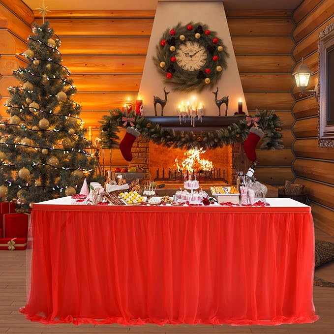Suppromo 9ft Red Tulle Table Skirts for Rectangle or Round Tables Tutu Table Skirt Cloth for Graduation Baby Shower Birthday Party Wedding Christmas Decorations(Red, L9(ft)*H 30in)
