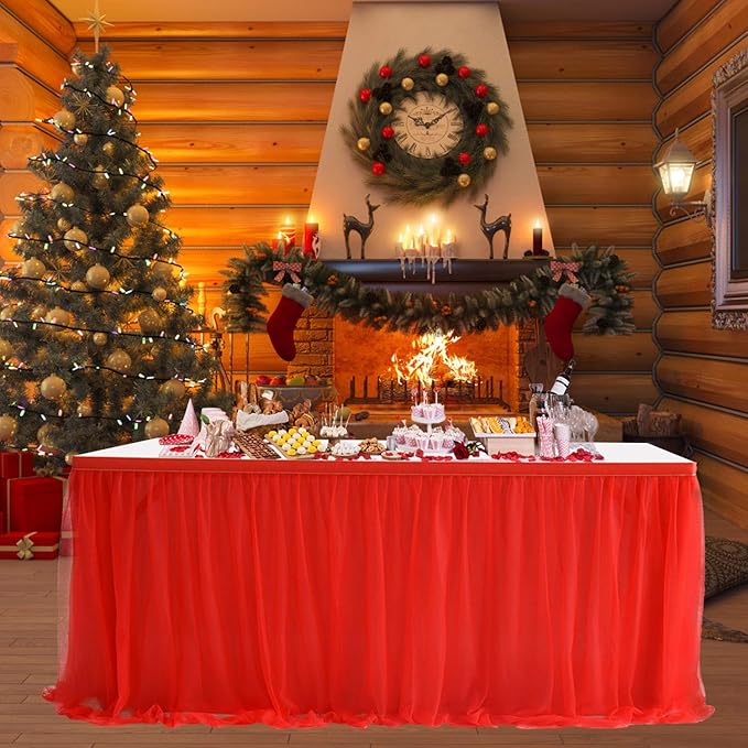 Suppromo 14ft Red Tulle Tutu Table Skirt Ruffle Table Skirting for Graduation Baby Shower Birthday Party Wedding Christmas Decorations(Red,L14(ft)*H 30in)