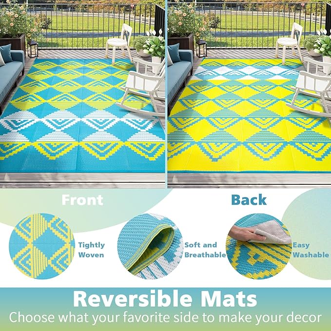 Beeiva Outdoor Rugs 8x10 Waterproof, Modern Geometric Reversible Plastic Straw Patio Mat, Large Foldable Outside Rug for Camping, Porch, Deck, Backyard, Balcony, Picnic - Blue & Yellow