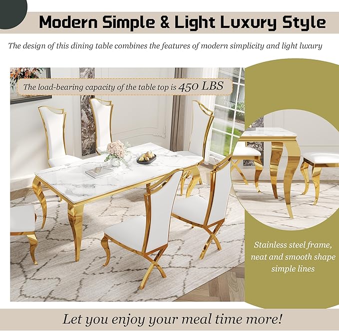7-Piece Dining Table Set for 6, Modern Dining Room Set with 70'' Marble Dinner Table and 6 High-Back Upholstered Chairs, Stainless Steel Legs Table & Chair Set for Kitchen, White & Gold