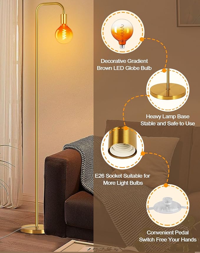 QiMH Floor Lamp for Living Room, Minimalist Industrial Standing Lamp with Clear Globe Glass LED Bulb, 2200K Warm Ambiant Lighting Decorative Modern Tall Lamp for Bedroom Office, Brushed Gold