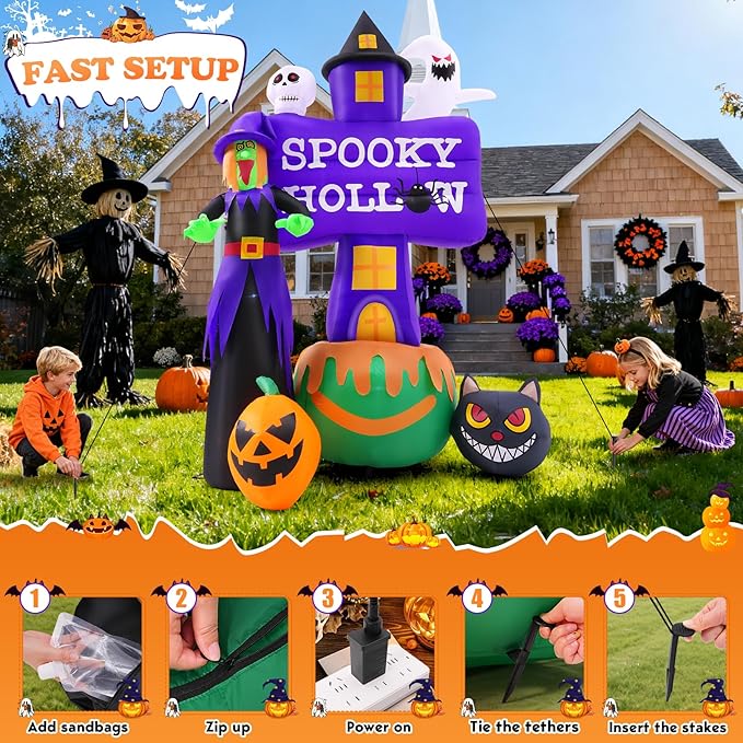 8F Halloween Inflatable Witch with Ghost Tombstones Black Cat Pumpkin Skeletons Scary Halloween Decorations, Indoor Outdoor Spooky Blow Up Yard Decorations for Garden Party Holiday Lawn Office Decor