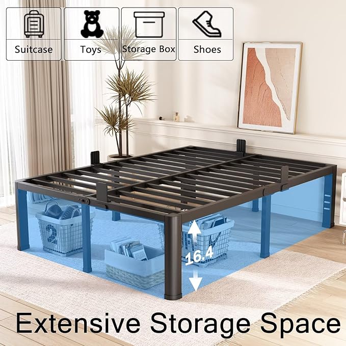 18 Inch California King Bed Frame with Rounded Corner and Headboard Hole Mattress Retainers 3500 LBS Metal Heavy Duty Steel Slats Support No Box Spring Needed Platform Noise Free Easy Assembly