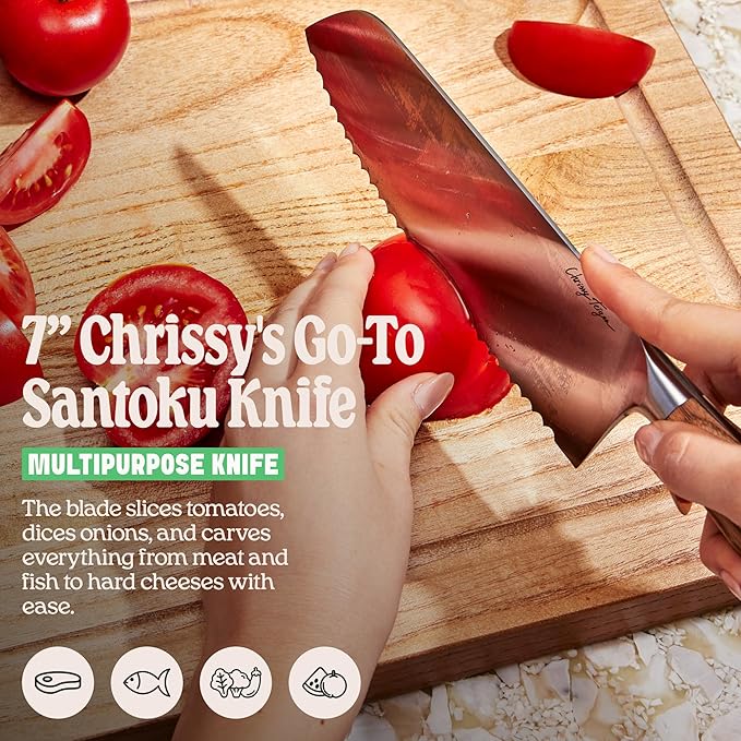 Cravings Go-To Santoku Knife – 7-Inch Serrated Stainless Steel Blade with Organic Ashwood Handle, Ideal for Slicing, Dicing, and Carving – A Must-Have Kitchen Essential by Chrissy Teigen