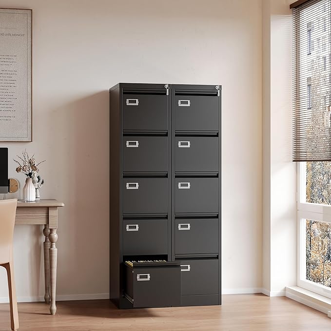 File Cabinets - 5 Drawers Vertical 17.8" Deep Lockable Filing Cabinet - Black & Gray Metal Storage Cabinets for Home Office to Hanging Files Letter/Legal/F4/A4 Size