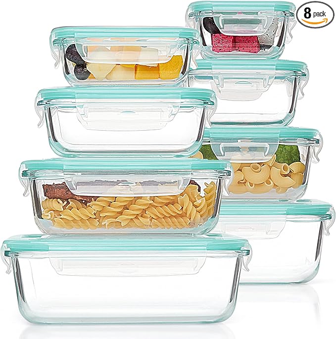Vtopmart 8 Pack Glass Food Storage Containers with Airtight Lids, Glass Meal Prep Containers, Lunch Office Meal for Microwave, Oven, Freezer and Dishwasher, BPA Free