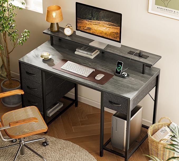 Huuger 47 inch Computer Desk with 4 Drawers, Gaming Desk with LED Lights & Power Outlets, Home Office Desk with Large Storage Space for Bedroom, Work from Home, Grey