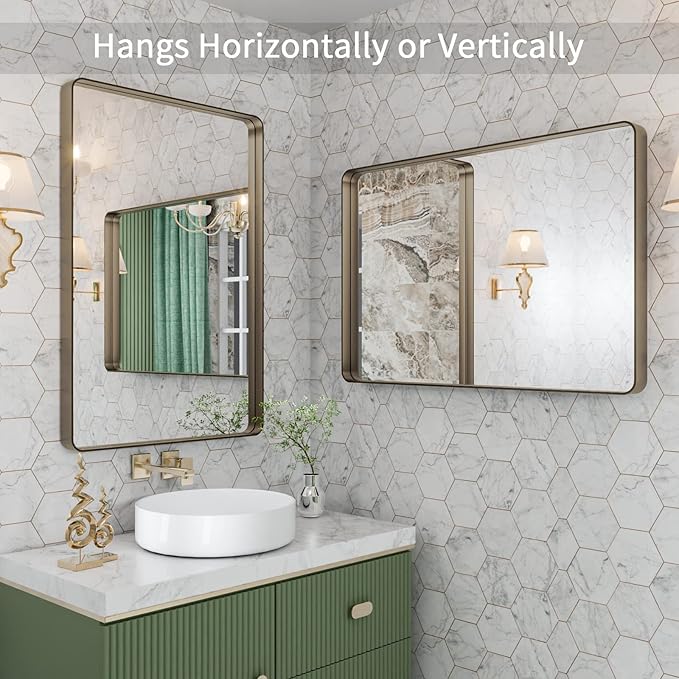 LOAAO 24”X32” Bronze Bathroom Mirrors for Vanity, Rounded Rectangle Brushed Bronze Metal Frame Mirror, Anti-Rust, Hangs Horizontally or Vertically