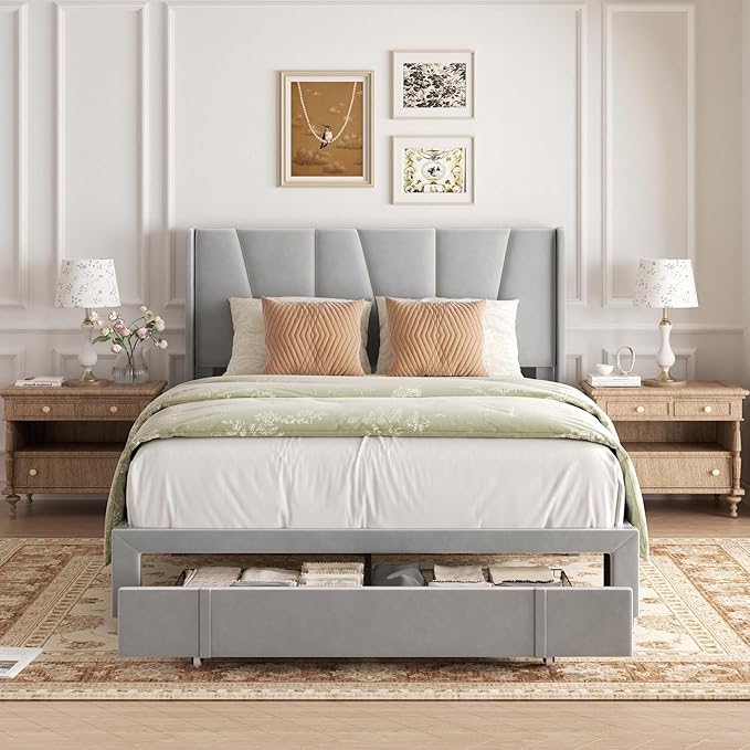 Full Bed Frame with Storage Drawers, Upholstered Full Size Platform Bed with 47" Tall Headboard and Wingboard, No Box Spring Needed, Noise Free, Easy Assembly, Wooden Support Slats, Light Grey