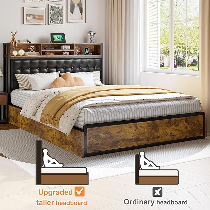 EnHomee Full Bed Frame with 4 Storage Drawers and Headboard Upholstered Bed Frame Full Size with Charging Station, No Noise, Metal Support, No Box Spring Needed,Vintage Brown