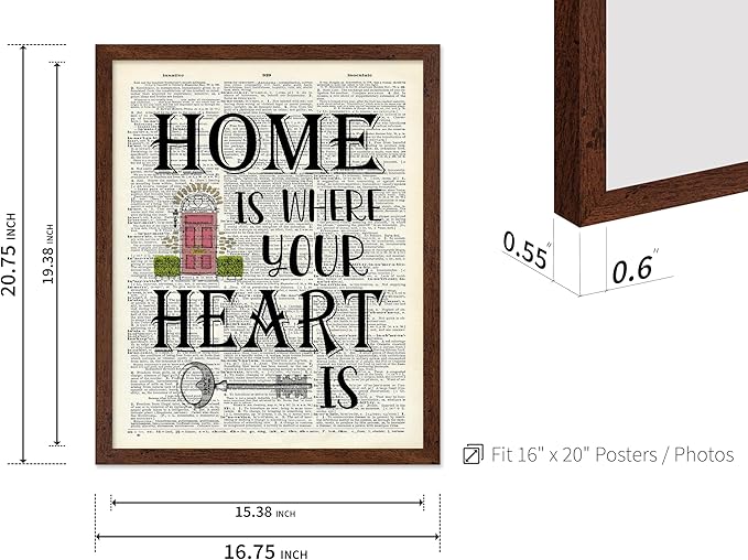 Poster Master Dictionary Art Poster - Home Is Where Your Heart Is Print - Motivational Art - Gift for Men & Women - Inspiring Wall Decor for Dorm, Bedroom or Living Room, 16x20 Brown Framed