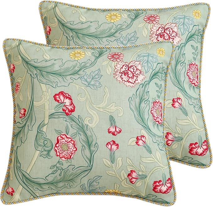 patdrea Designer Pack of 2 Square Throw Pillow Covers,French Vintage Rustic Linen with Green Floral Pattern Pillows Cover,Decorative Pillowcases Cushion for Bed Living Room Outdoor Car,18"x18"