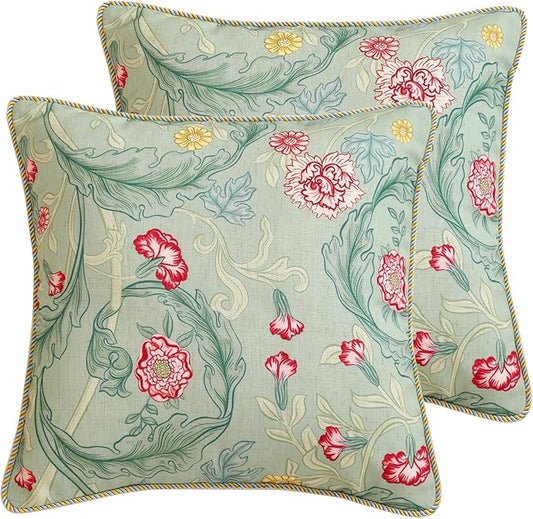patdrea Designer Pack of 2 Square Throw Pillow Covers,French Vintage Rustic Linen with Green Floral Pattern Pillows Cover,Decorative Pillowcases Cushion for Bed Living Room Outdoor Car,18"x18"