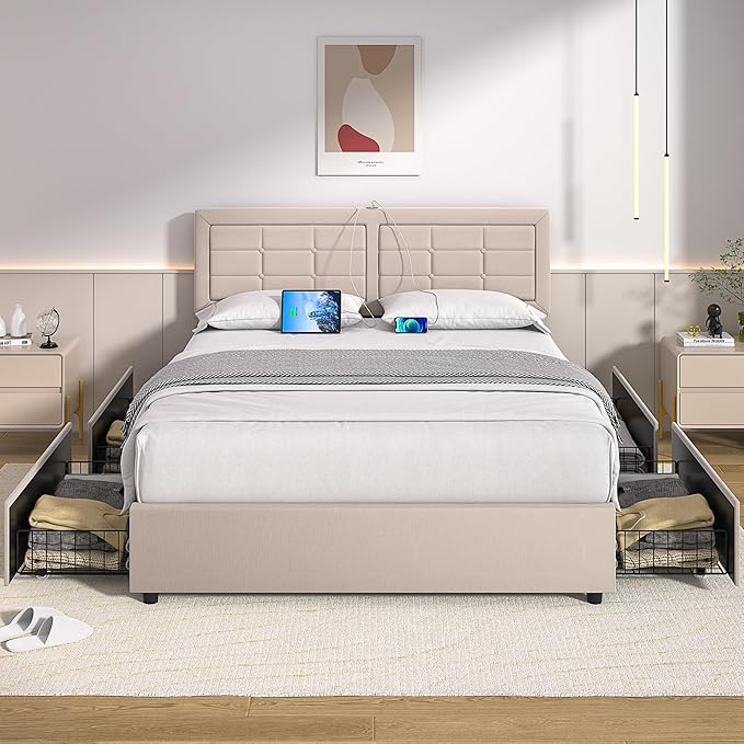 VECELO Queen Size Bed Frame with 4 Drawers, Adjustable Tufted Button Headboard, Upholstered Platform with Wood Slats Support, Built-in USB and Type C Ports, Beige