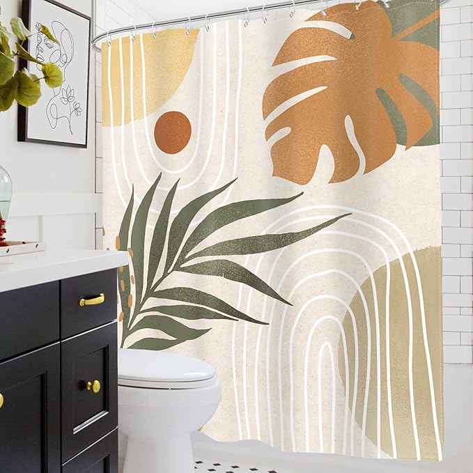 Glawry Beige Green Boho Shower Curtain Mid Century Abstract Plant Tropical Palm Leaf Modern Minimalist Bathroom Arch Geometric 72Wx72L Inches Bath Accessories Art Home Decor Fabric 12 Pack Hook