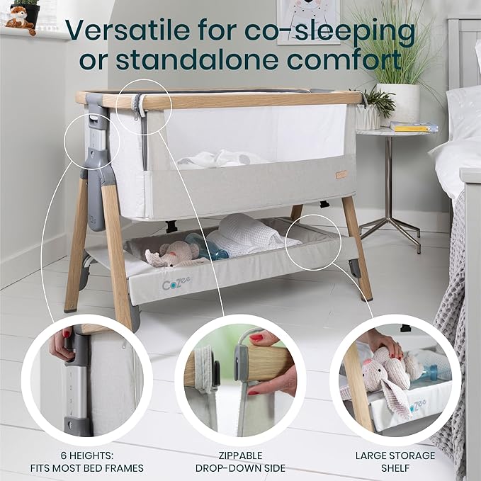 CoZee® 2-in-1 Baby Bassinet & Bedside Sleeper - Fast-Folding Bedside Bassinet, Baby Crib with 6 Mattress Heights & Breathable Mesh Window, Mattress Included, 0-6 Months (Silver & Oak)