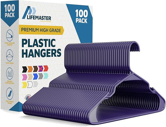 Plastic Clothes Hangers – Heavy Duty Hanger Set, for Organizing Clothes, Dresses, and Coat, Holds Up to 5 lbs, Space-Saving Hangers with Non-Slip Shoulder Grooves, Pack of 100, Purple